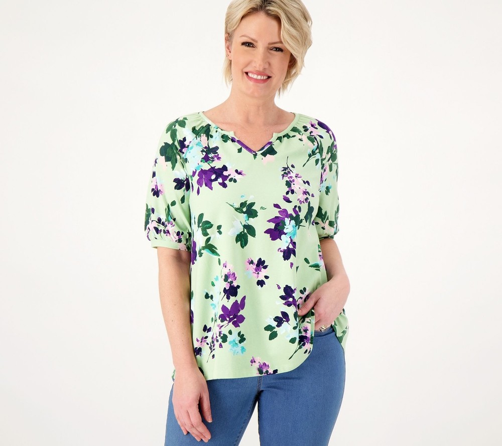 Denim & Co. Women's Top Sz 2XS (XXS) Printed Favorite Jersey Split White A596270