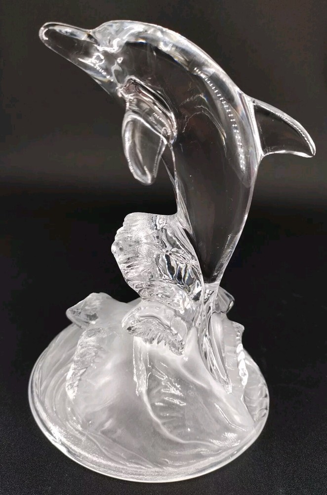 VTG CRISTAL D'ARQUES Glass Dolphin Figurine 24% Lead Crystal on Frosted Base 6