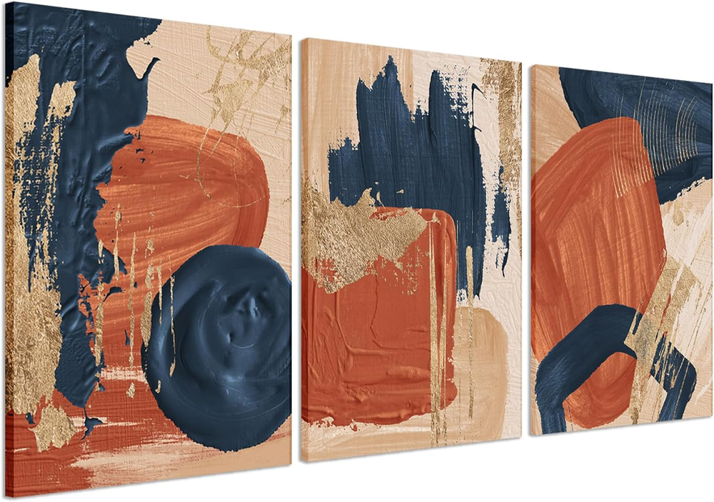 Mid Century Abstract Canvas Wall Art Set of 3, Terracotta Navy Blue and Orange B
