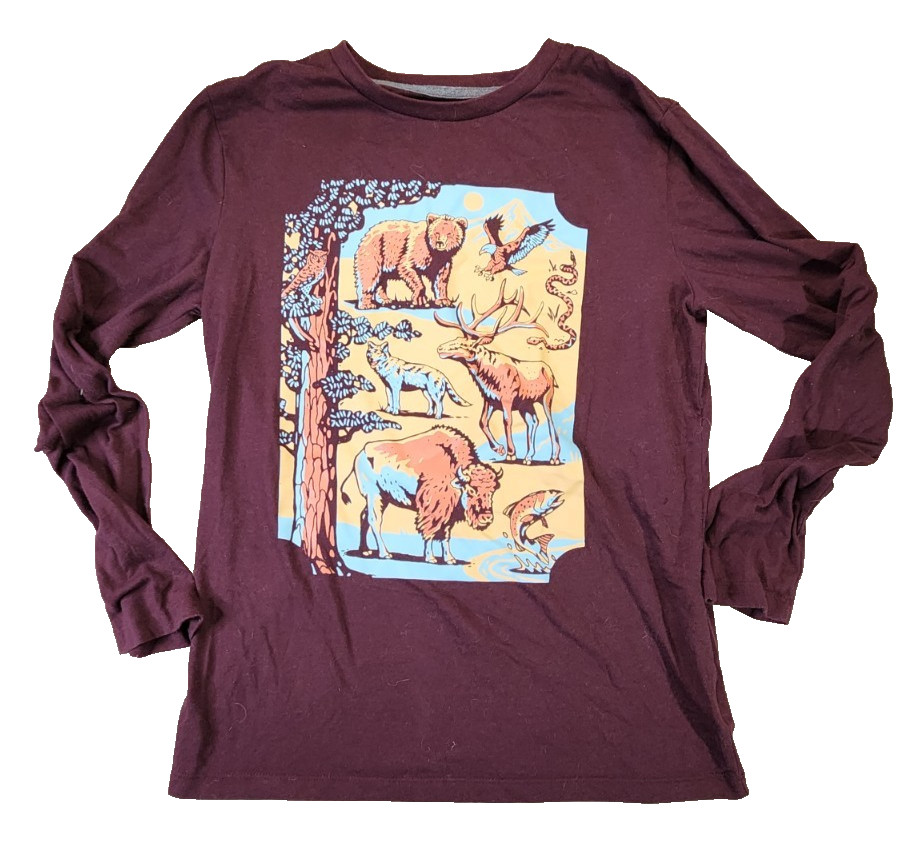 Old Navy Boy's Size XXL (18) Wildlife Print Long Sleeve Graphic T-Shirt Marroon