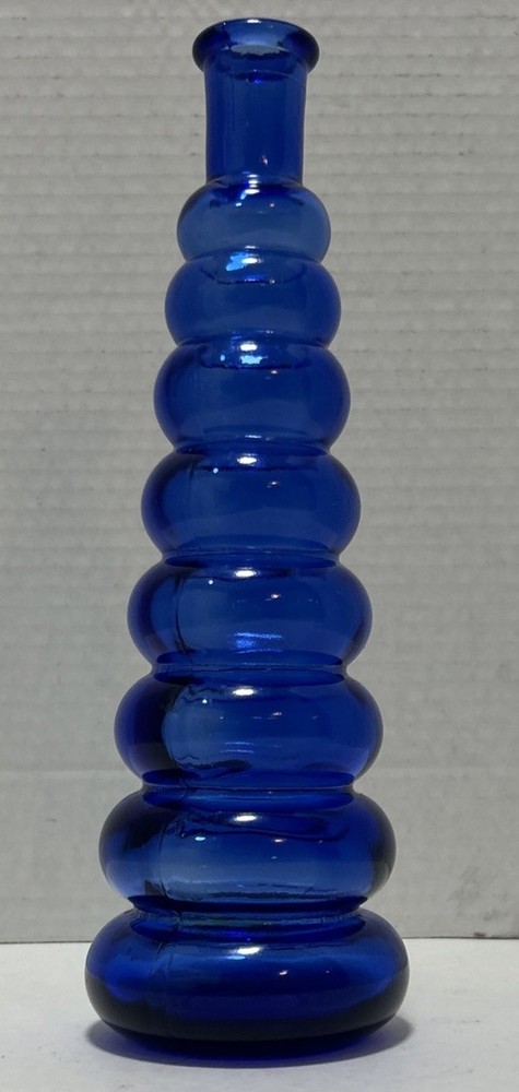 Vtg 9.5 Inch Cobalt Blue Glass Stacked Bubble Bud Vase Bottle Ribbed Bohemian