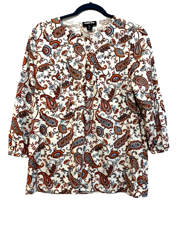 Lands End Womens Shirt XS White Multicolor Paisley LS  Cottage Core Preppy T1