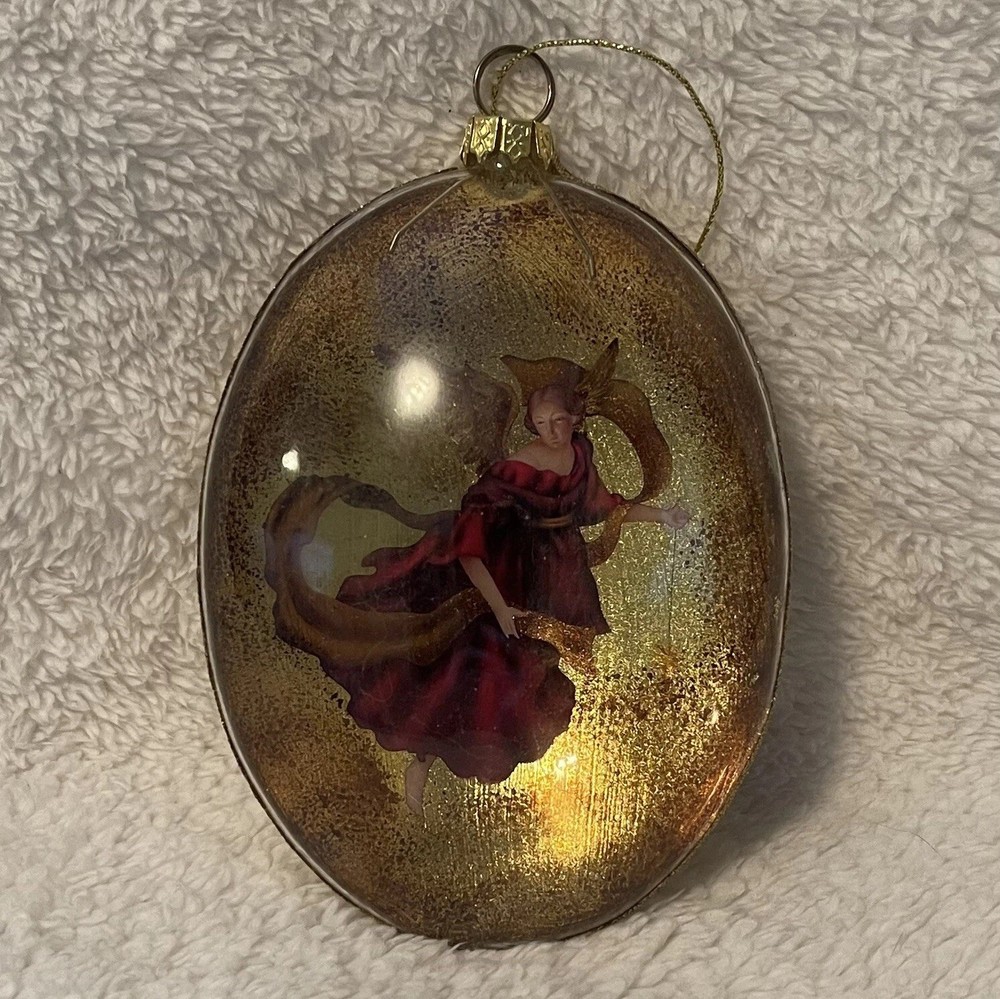 Vintage Kurt Adler Sparkle Glass Angel Diorama Christmas Ornament 5.75”