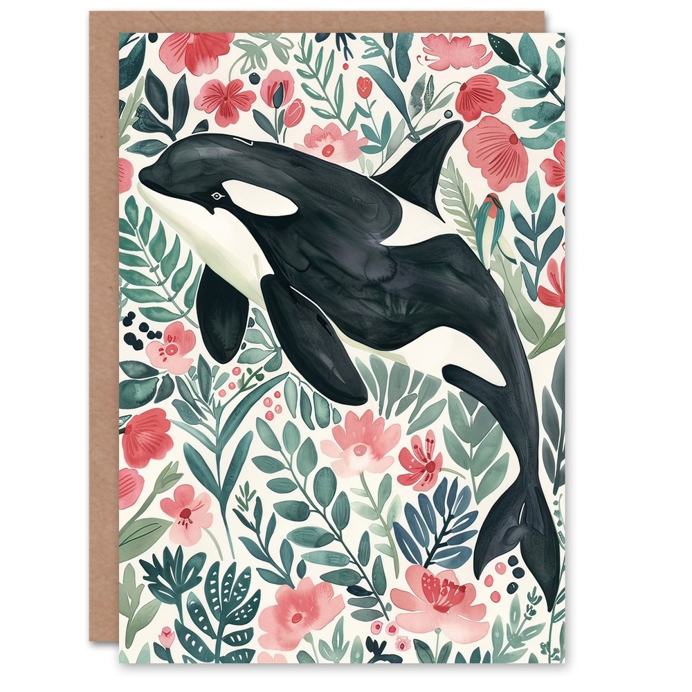 Greeting Card Orca Killer Whale Flower Sea Watercolour Floral Birthday