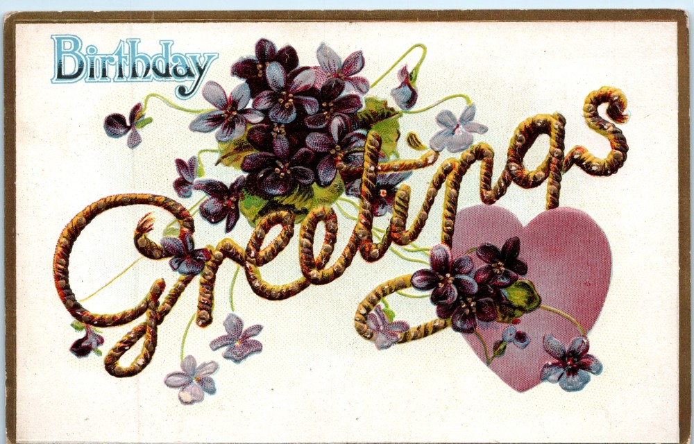 Vintage - Lovely Dark Purple Flowers Heart Embossed Birthday - Postcard - P12