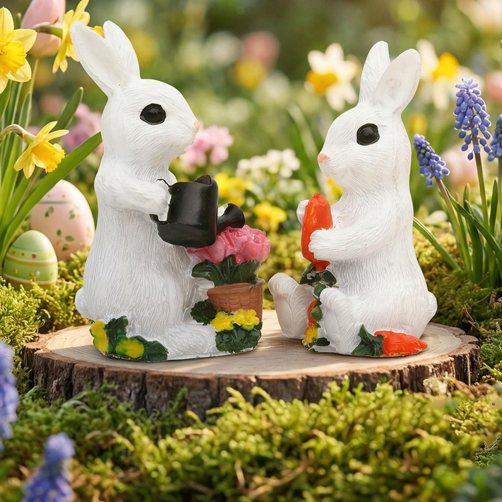 2x Easter Bunny Statue Tabletop Ornament Animal Figurine for Garden Table