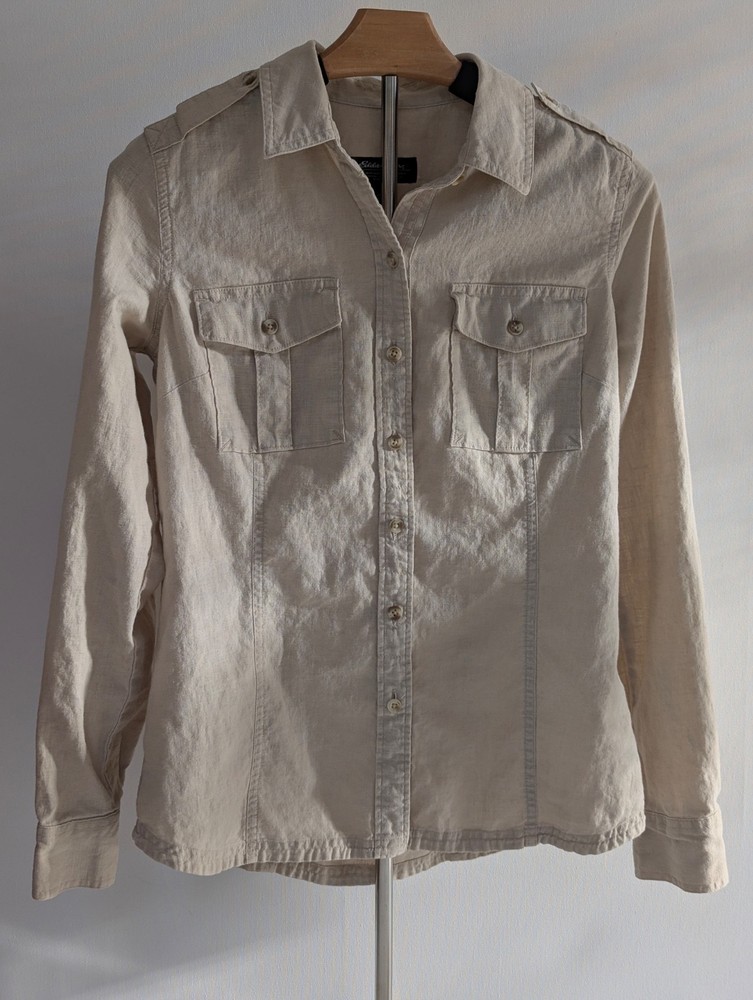 Eddie Bauer Button Up Shirt Women’s XS Beige Cotton Linen Long Rollup Sleeve