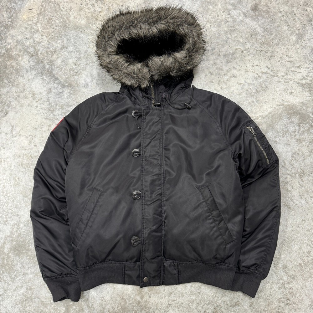 Vintage Y2K RARE Juicy Couture Black Military Down Puffer Jacket Size M fur hood