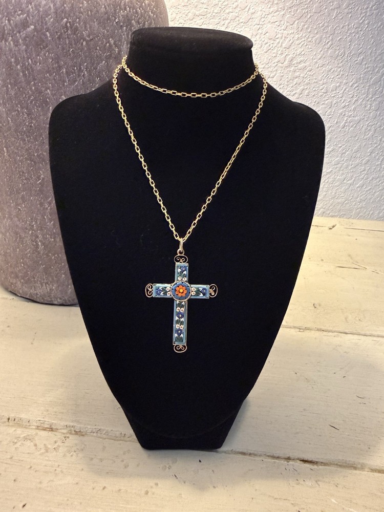 Vintage Italian Micro Mosaic Cross Necklace Gold Tone Floral Millefiori Italy