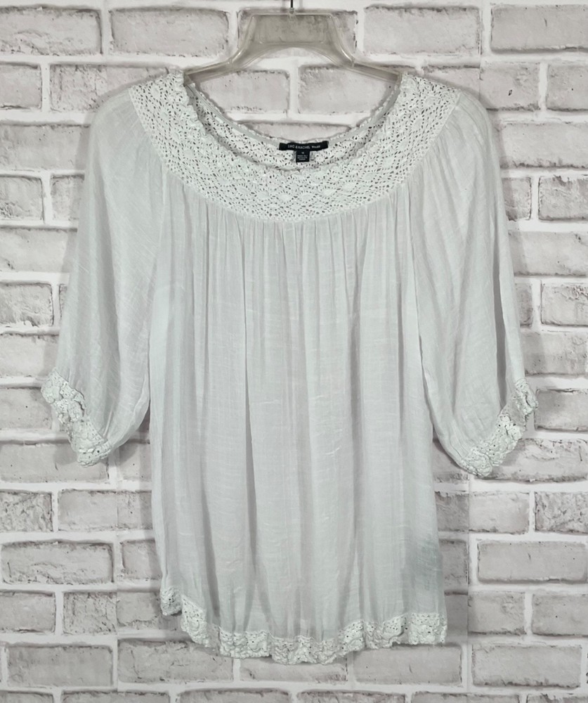 Zac & Rachel Top Womens Size 1X White Crocheted Trim Pullover 3/4 Sleeves