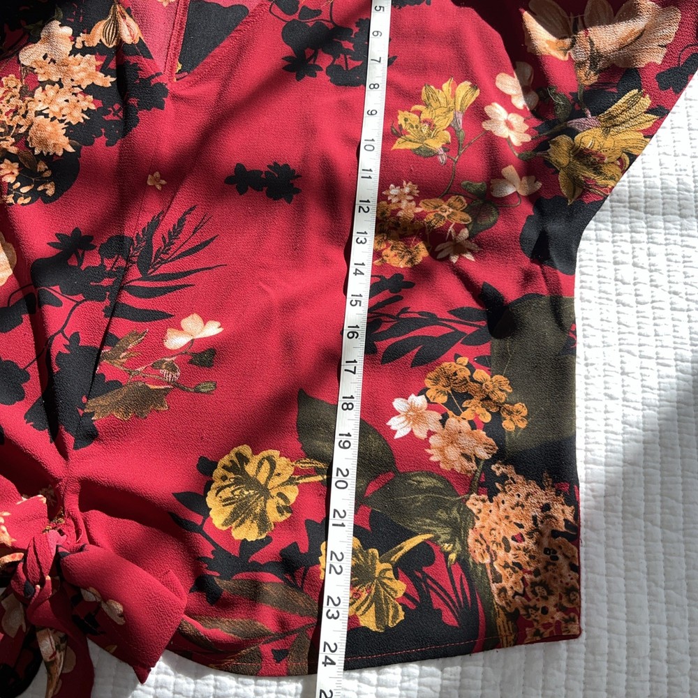 Umgee USA Womens Size Large L Top Floral Print Bishop Sleeve V Neck Waist Tie
