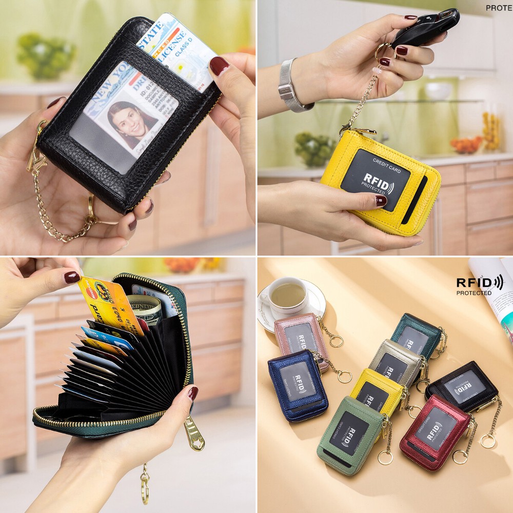 RFID Blk Credit Card Case Organizer Leather Zip Security Wallet with Key Ring US