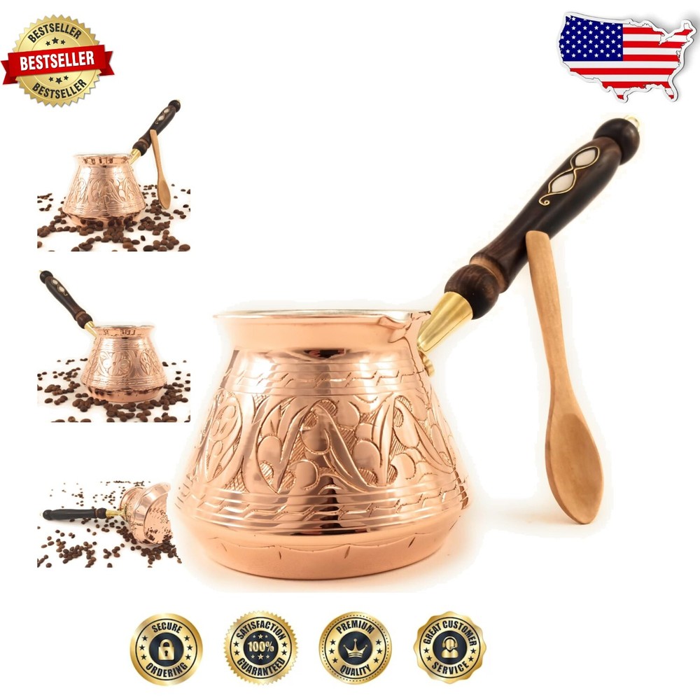 Elegant Engraved Copper Coffee Pot 18oz with Wooden Handle for Traditional Brew