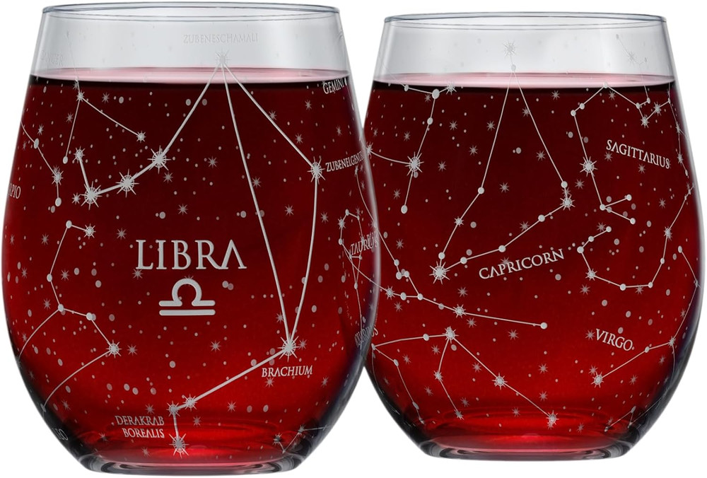 Libra Stemless Wine Glasses Zodiac Libra Set Hand Etched 15 Oz (Set of 2) - Astr