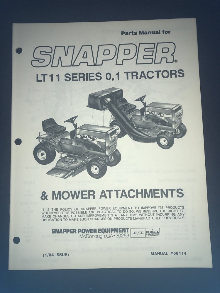Snapper Lt11 Series 0 & 1 And Mower Attachments Parts Manual