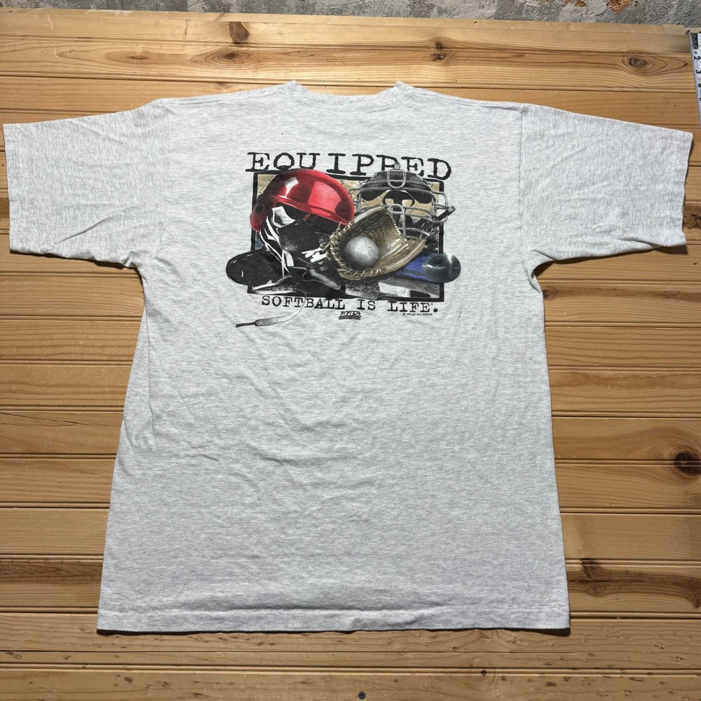 Vintage 1998 Big Ball Sports BBS Equipped Softball Is Life Graphic Shirt USA XL