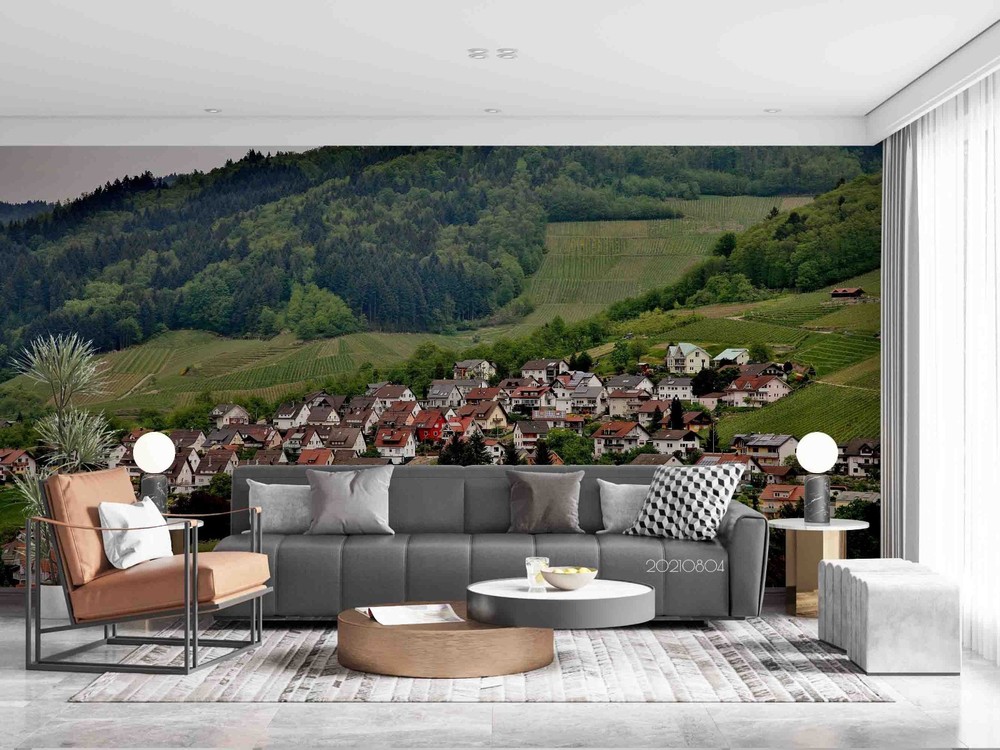 3D Mountains Village Fields Landscape Wall Murals Wallpaper Murals Wall Sticker