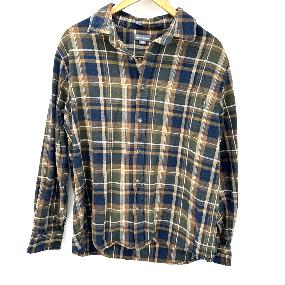 Eddie Bauer Men's Large Flannel Shirt Brown Blue Plaid Cotton Button-Up for Outdoor Wear
