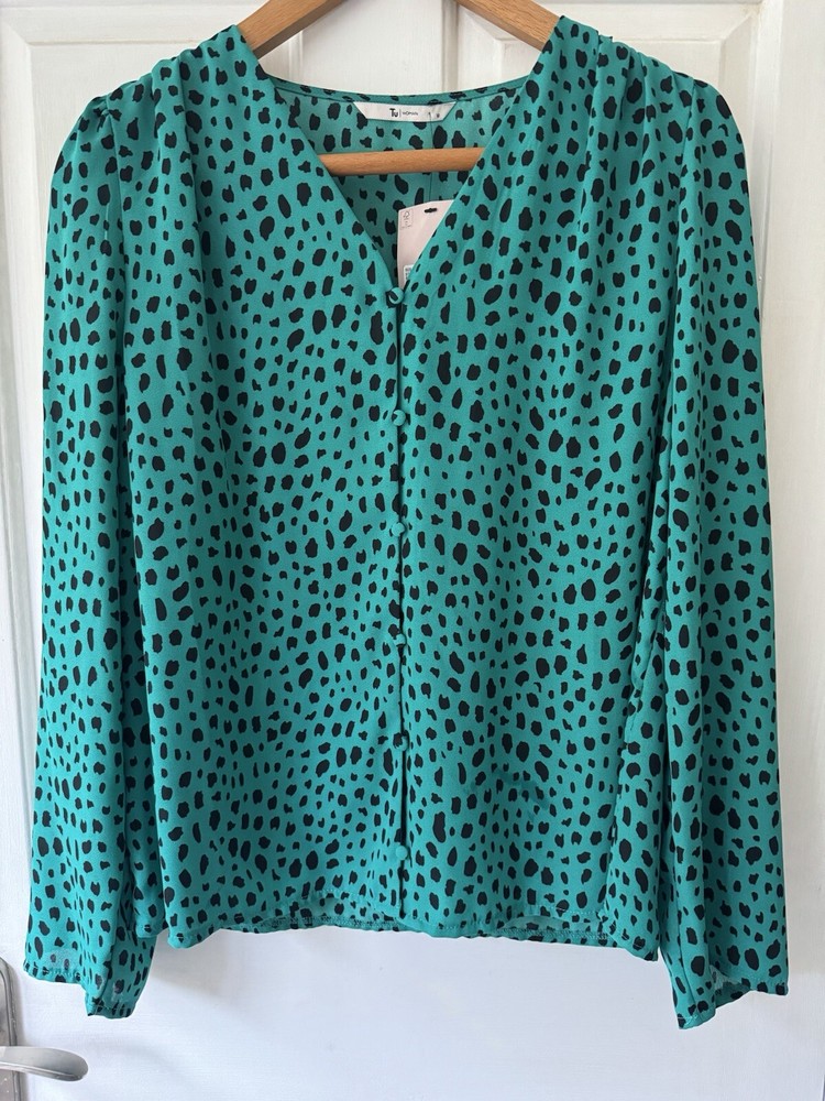 Women's NWT UK 10 Cheetah Print Blouse with Fabric Buttons in Green & Black