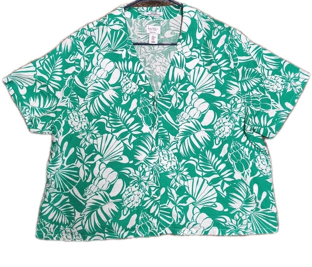 Nicole Miller Linen Top Women's XL Button Up Shirt Short Sleeve Floral Green