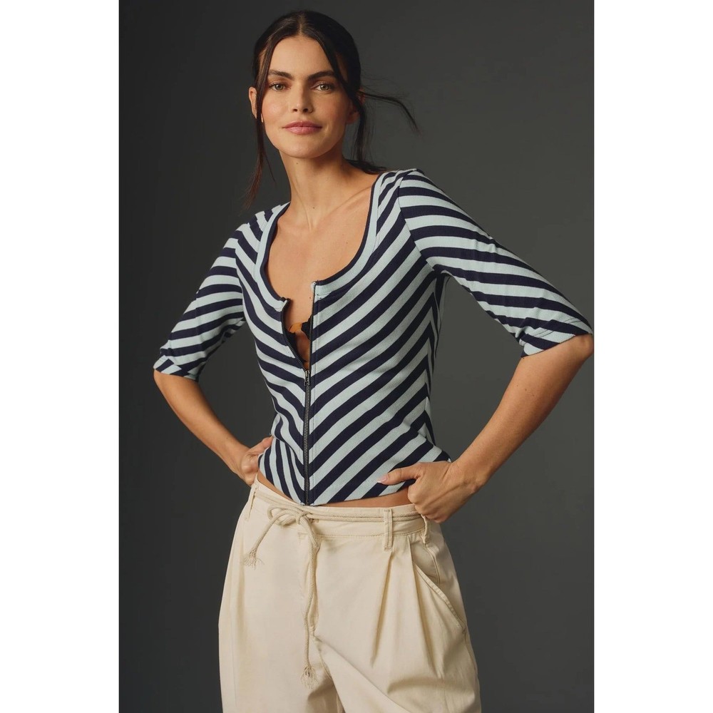 Maeve by Anthropologie Blue White Striped Zip Front Ribbed Knit Top XXS