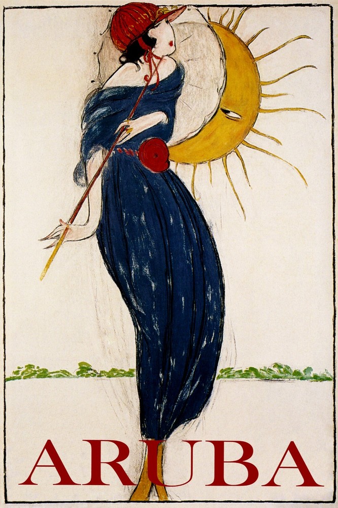 Vintage Aruba Summer Flirty Woman Umbrella Poster Reproduction Free Shipping