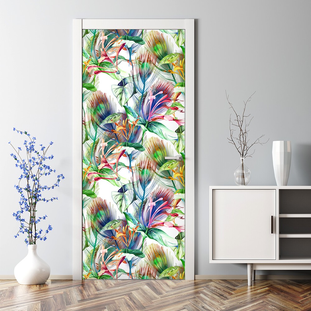 Tropical Bush Bubble-Free Door Sticker Exotic Jungle Botanical Decal