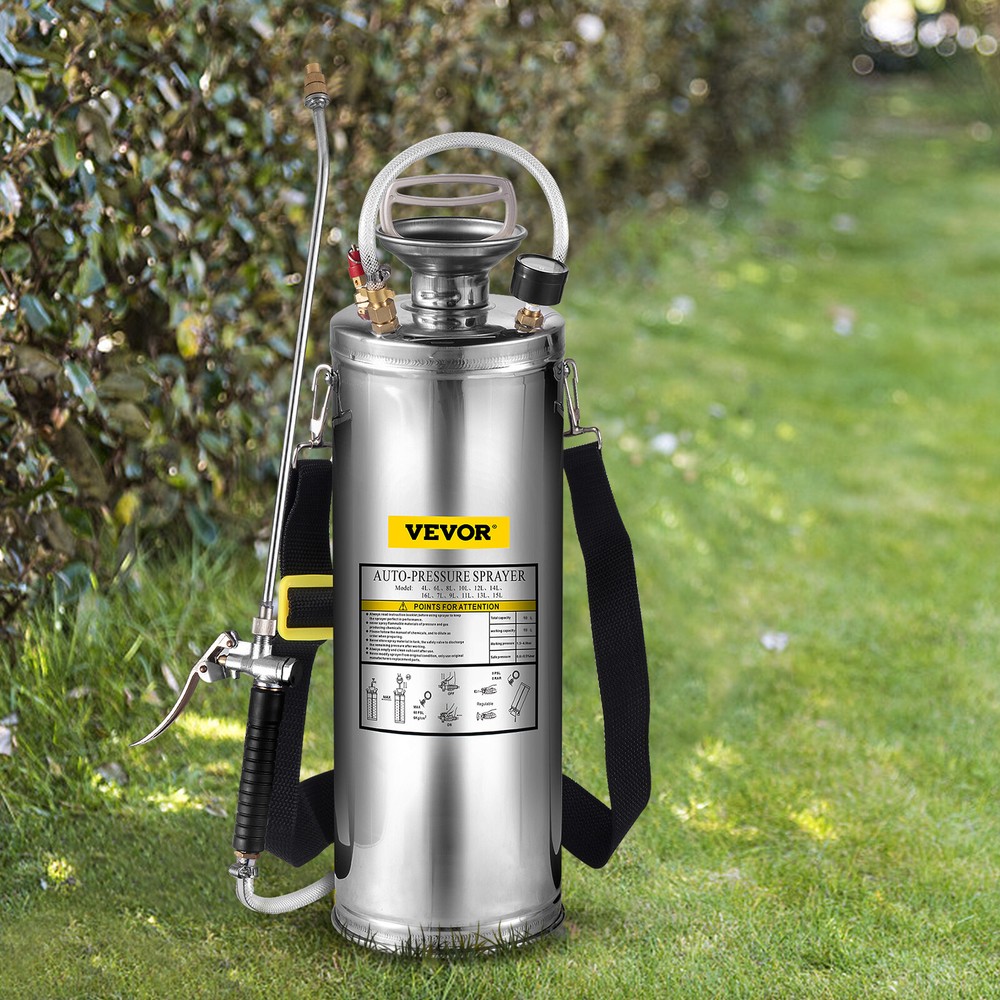 VEVOR 10L Stainless Steel Sprayer w/3' Hose for Pesticide Clean and Sanitizing