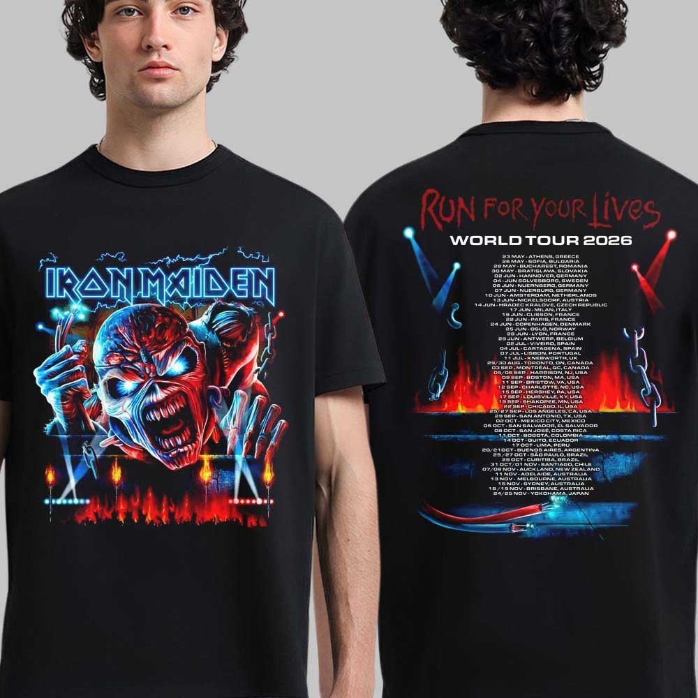 Iron Maiden Run For Your Lives World Tour 2026 T-Shirt 3D Eddie Cyborg 2-Sided