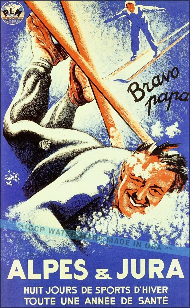 Alpes Jura 1930 Skiing Sports Bravo Papa Vintage Poster Print Retro Style Art