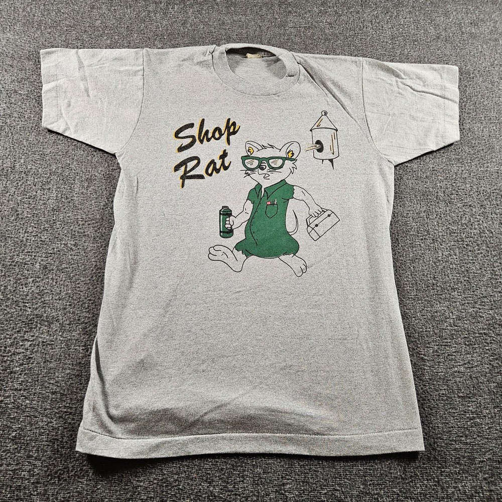 Vintage Screen Stars Shirt Mens Medium Gray Shop Rat Workwear Graphic Tee 80s