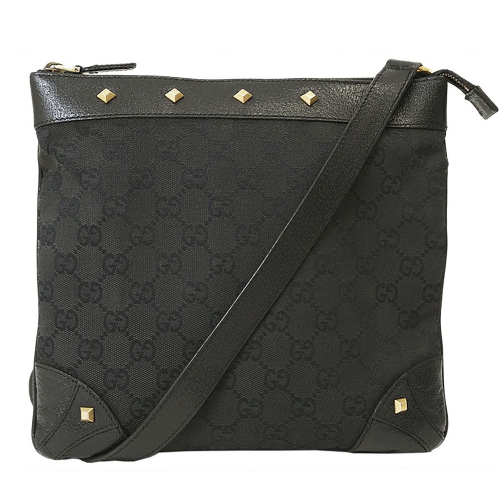 GUCCI GG Canvas Black Leather Shoulder Bag with Studs Crossbody 361045 120893