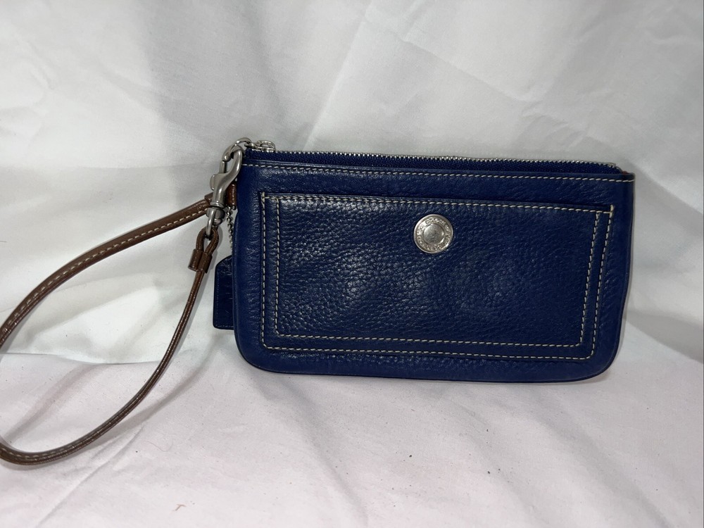 Coach Navy Blue Pebbled Wallet/ Wristlet With Coach Tag Outside Pocket