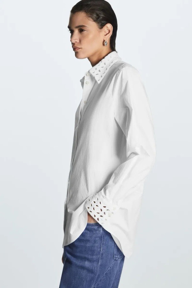 COS White Cotton Poplin Eyelet Collar Button-Up Blouse Size 12 Long Sleeve