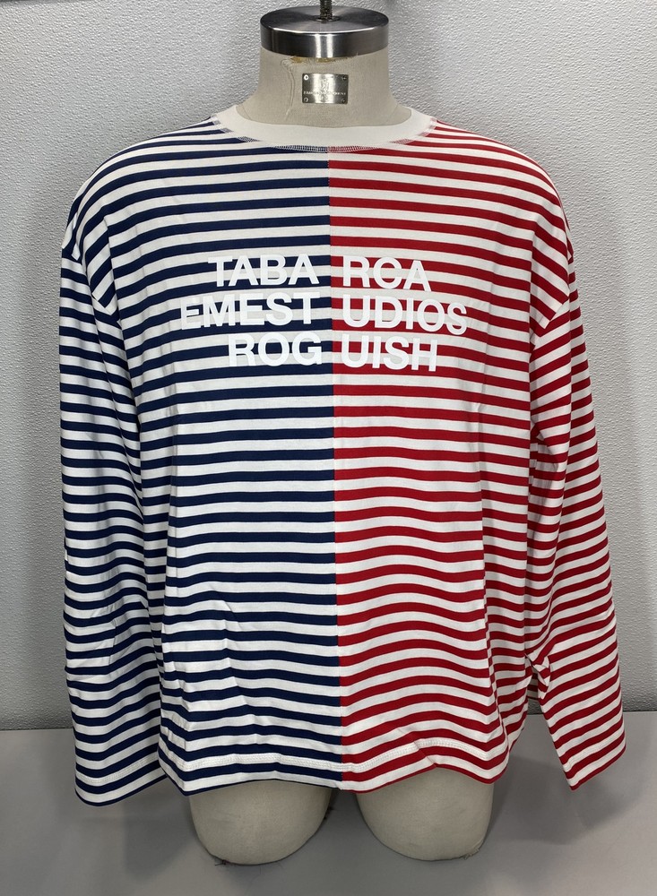 EmeStudios Unisex Long Sleeve Tee Blue/Red Size M Roughish Striped Square Cut