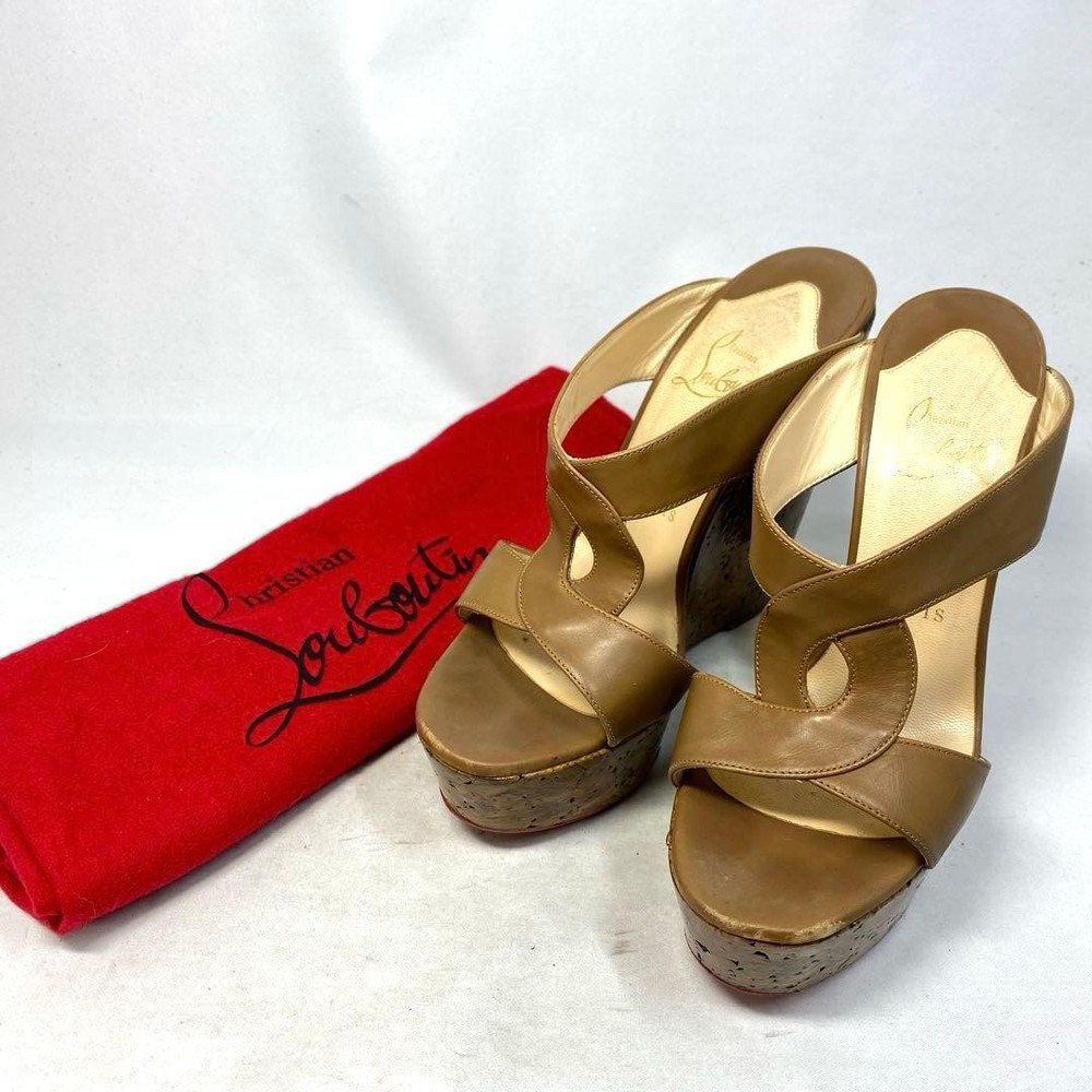Rare Christian Louboutin Wedge Sandals Size 36 (US 6) Leather Beige EUC