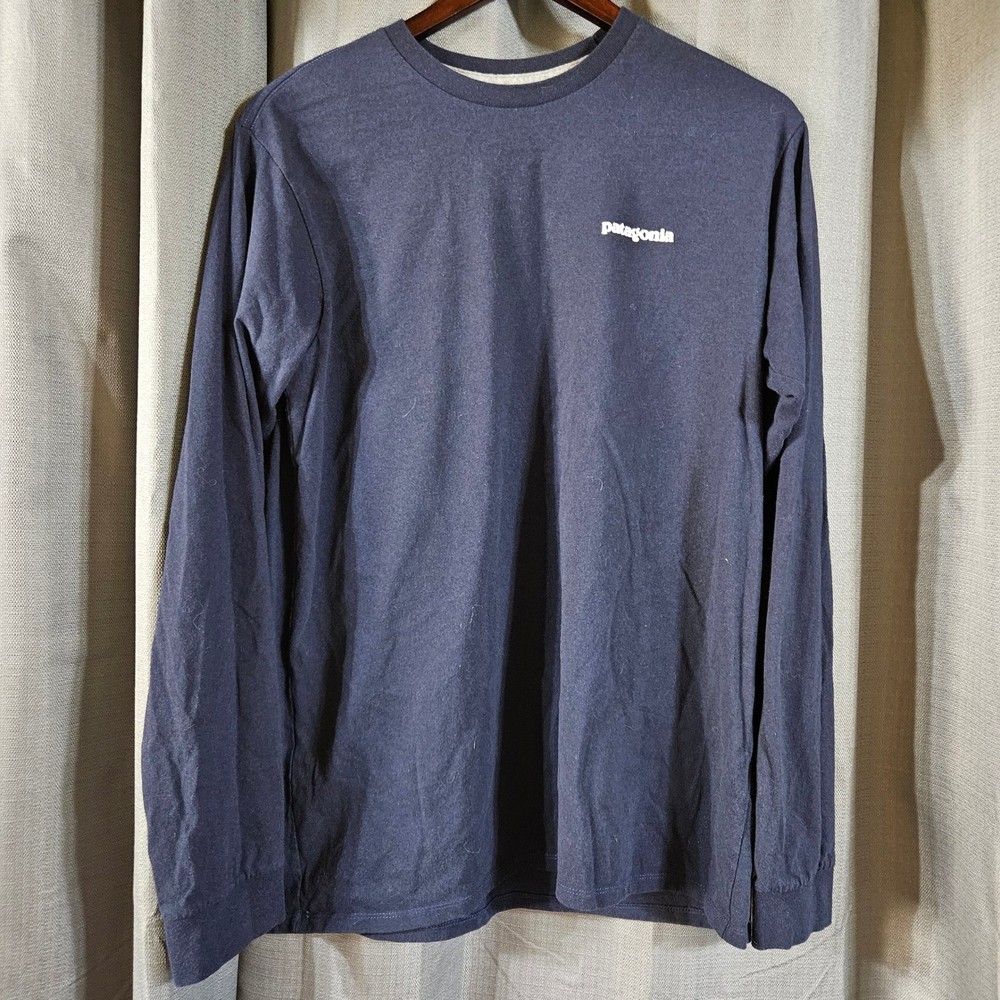Patagonia Mens Responsibili-Tee Long Sleeve P-6 Logo Graphic T-Shirt Navy Blue M