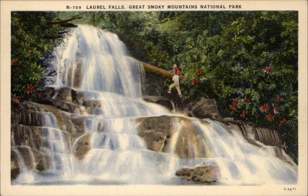 Great Smoky Mountains Natl Park Tennessee Laurel Falls vintage linen postcard