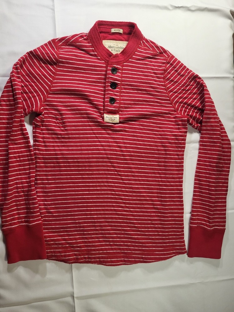 Abercrombie & Fitch Muscle Henley Shirt Mens Medium Red White Striped Long...