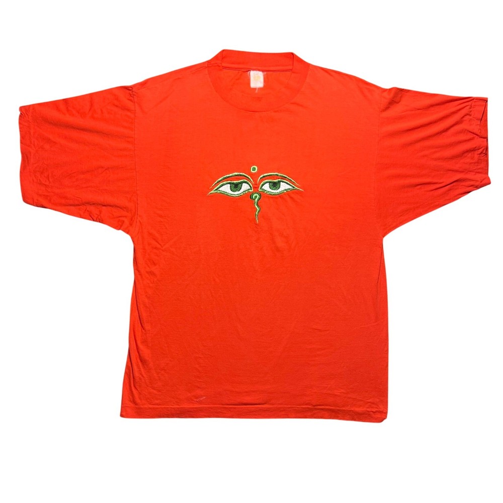 Vintage 80s Buddha Eyes Single Stitch T Shirt Red Embroidered Nepal Mens Large