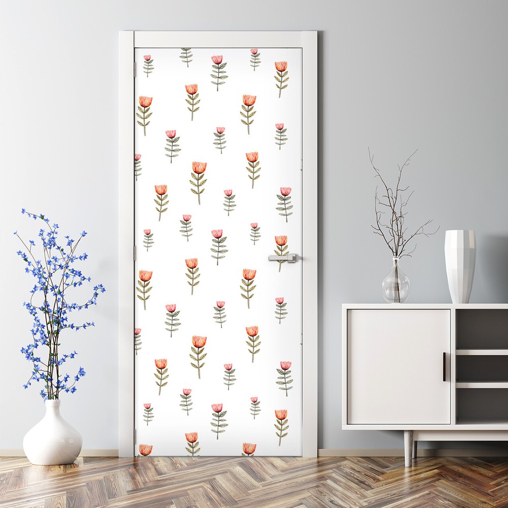 Red and white bubble-free door sticker with little flowers for home decor
