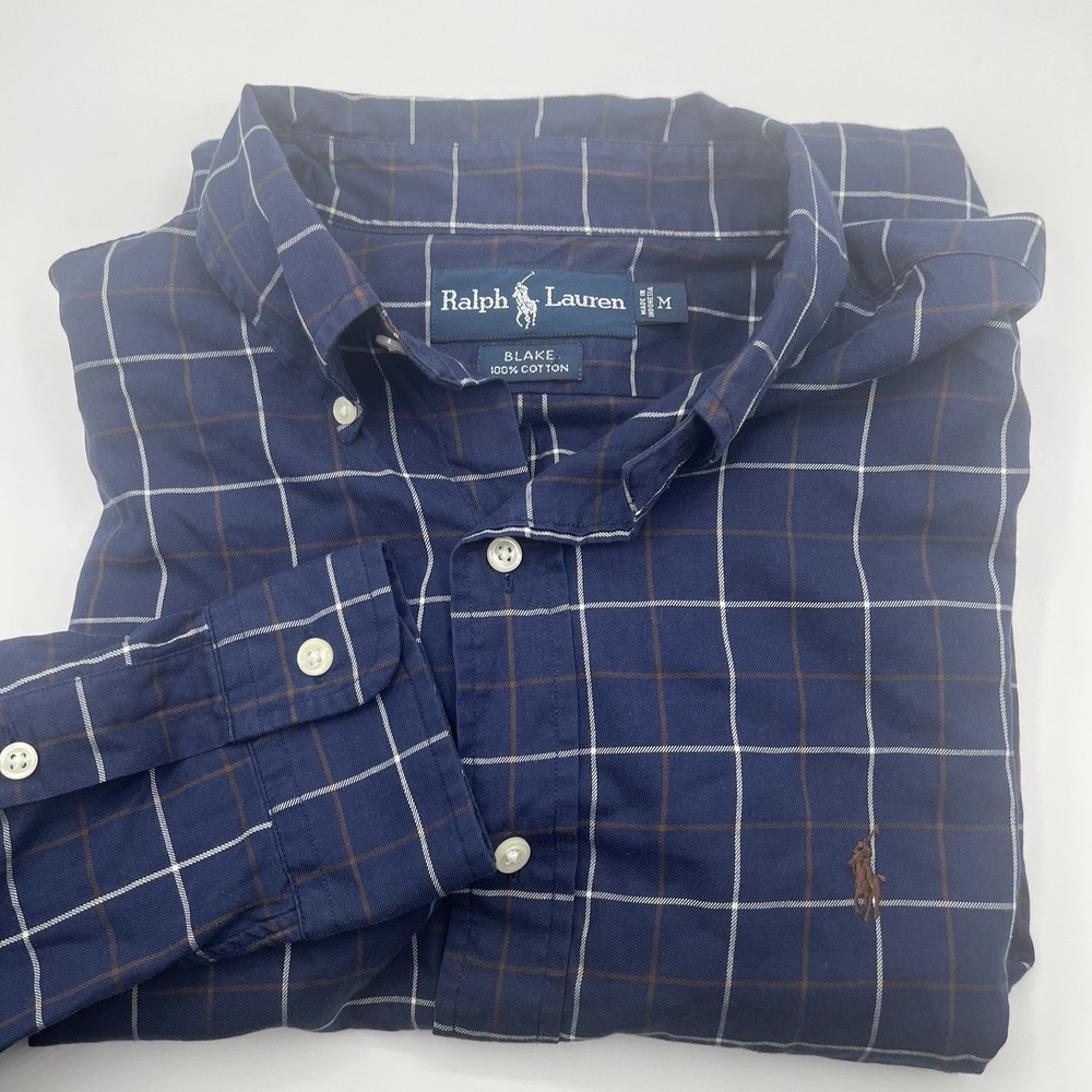Polo Ralph Lauren Shirt Mens Medium Button Up Blue Navy Plaid Vintage Blake 90s