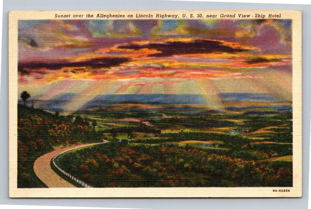 Sunset Over Alleghenies Lincoln Highway Postcard Curteich Linen