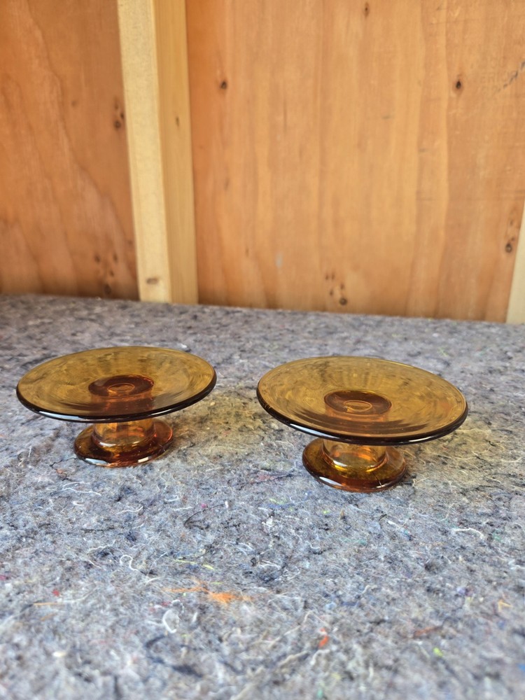 Vintage Unmarked Short Amber Glass Candle Holders (2)