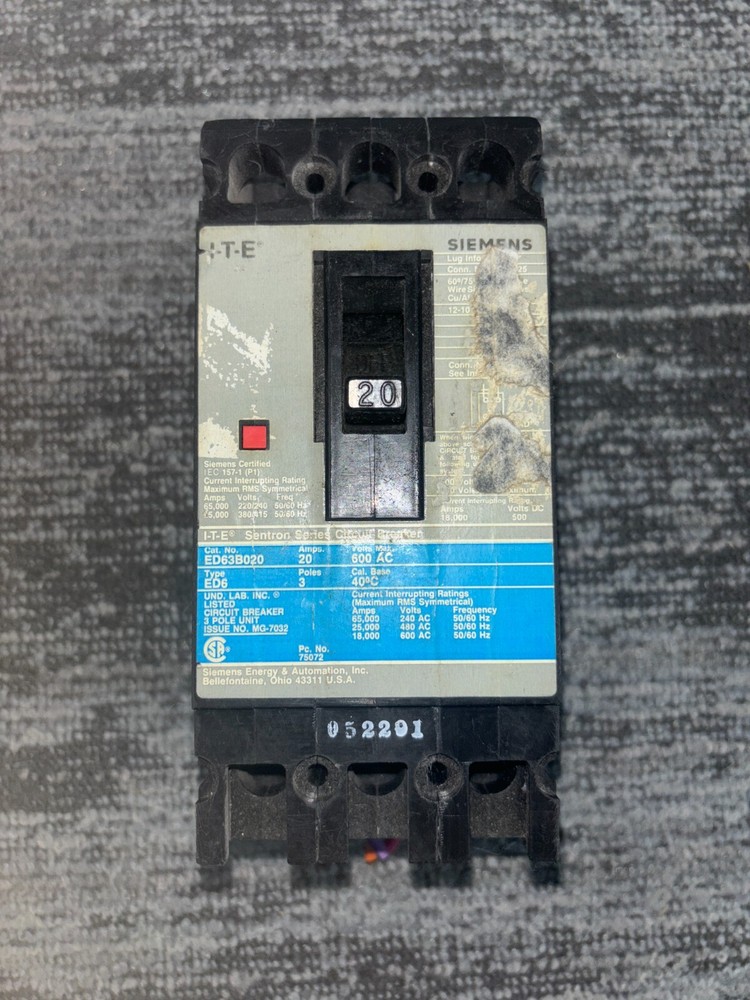 Siemens ED63B020MX 20 Amp 600V 3-Pole Circuit Breaker Sentron Series ED6 Tested