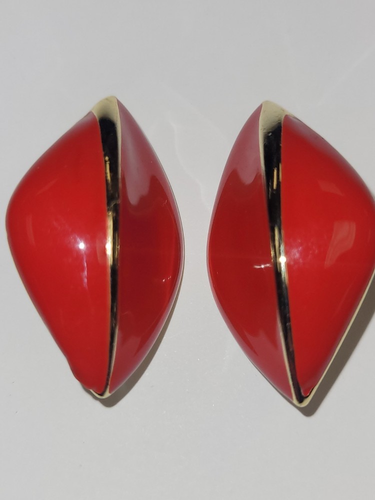 Vintage Gold-tone Earrings Red Enamel Abstract Design Costume Fashion Jewelry