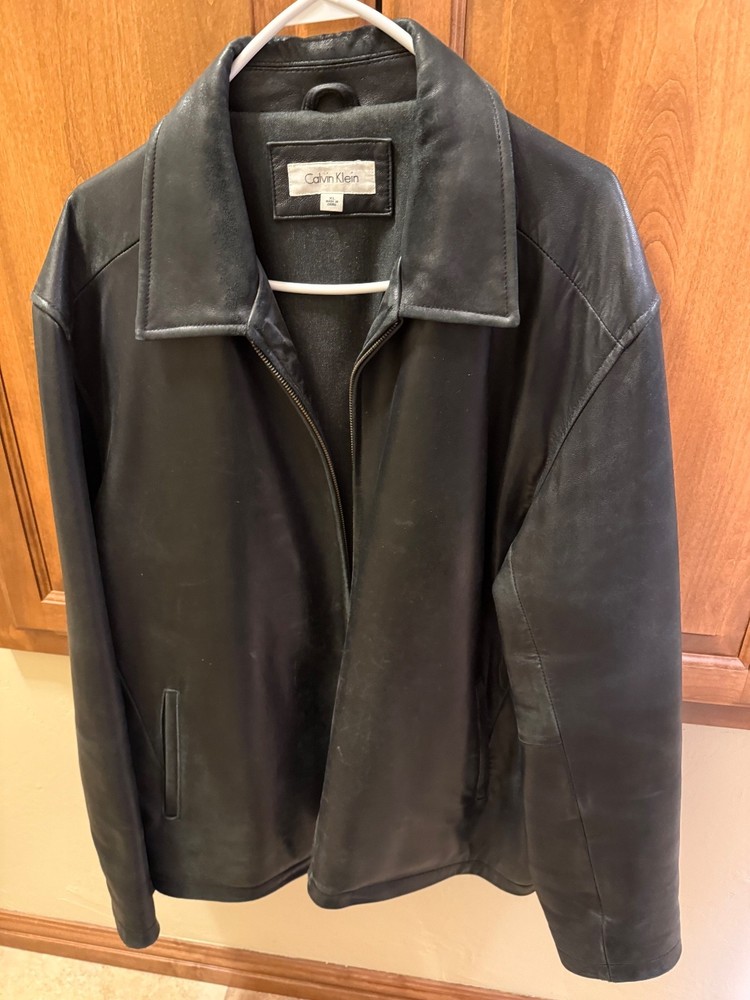 Calvin Klein Men’s Black Genuine PremiumLeather Jacket XL Zip Front Classic Coat