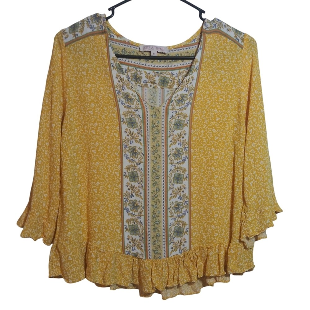 Boho Floral Peasant Top with Rose & Thyme Print 3/4 Sleeve Size M