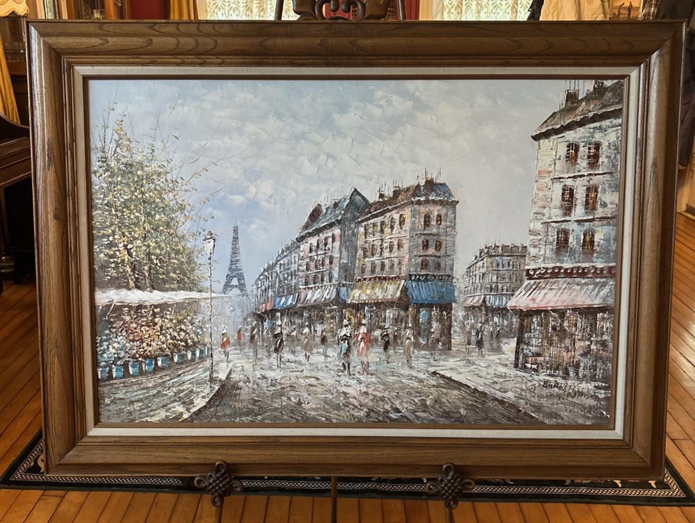 Parasian Street Scene Oil Painting Signed Burnett Framed 31 X 43