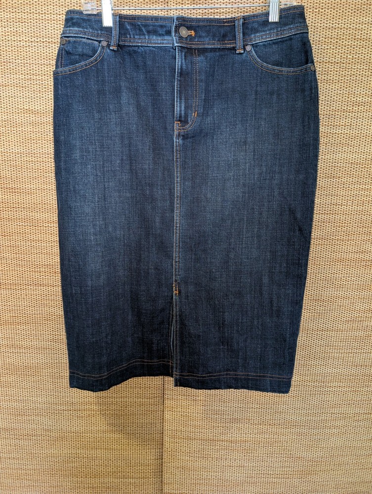Talbots Petite Denim Pencil Skirt Blue Medium Wash Front Slit Size 12P Timeless